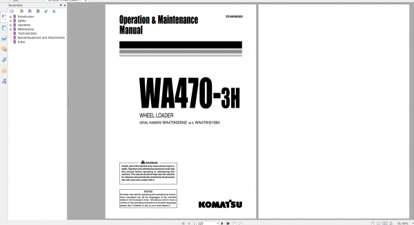 Komatsu Wheel Loader WA470 3H Operation Maintenance Manual VEAM480300 1999