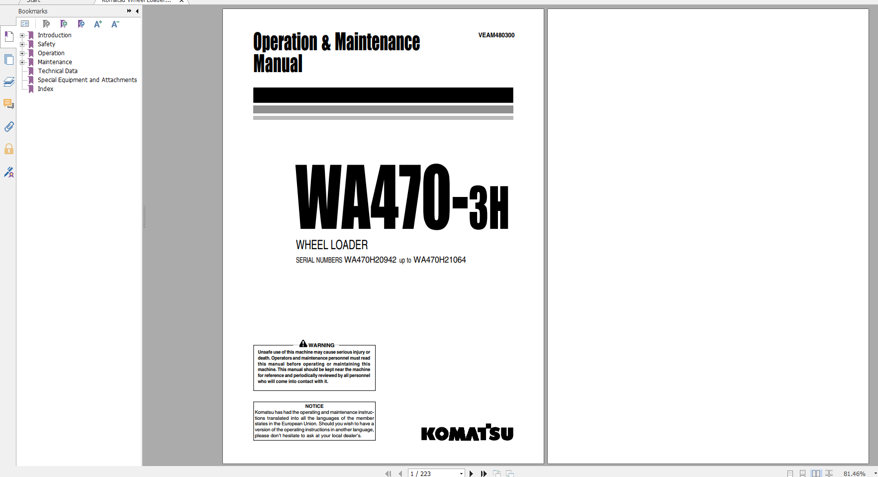 Komatsu Wheel Loader WA470 3H Operation Maintenance Manual VEAM480300 1999