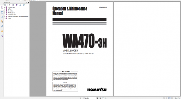 Komatsu Wheel Loader WA470 3H Operation Maintenance Manual VEAM480400 1999