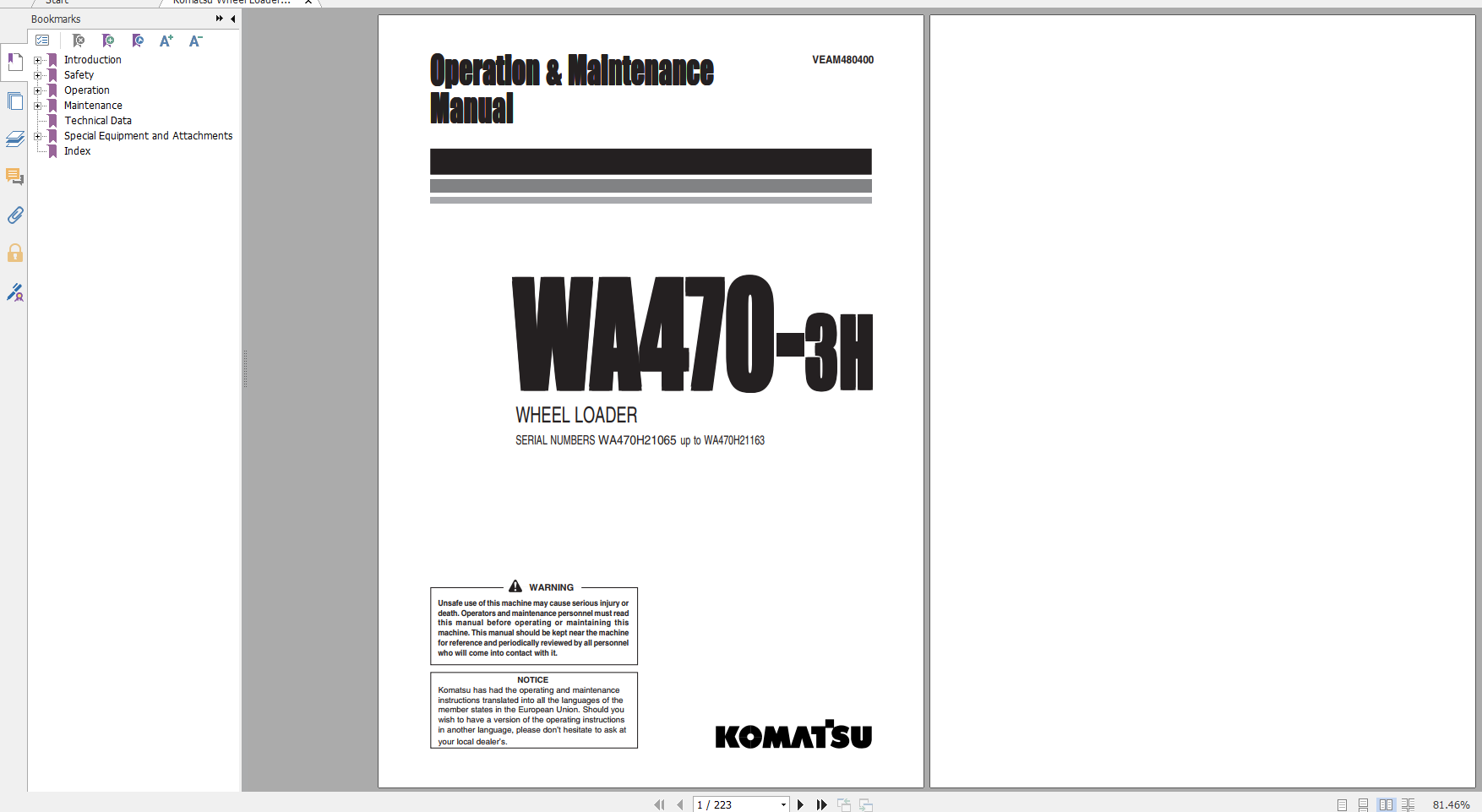 Komatsu Wheel Loader WA470 3H Operation Maintenance Manual VEAM480400 1999