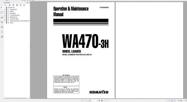 Komatsu Wheel Loader WA470 3H Operation Maintenance Manual VEAM480600