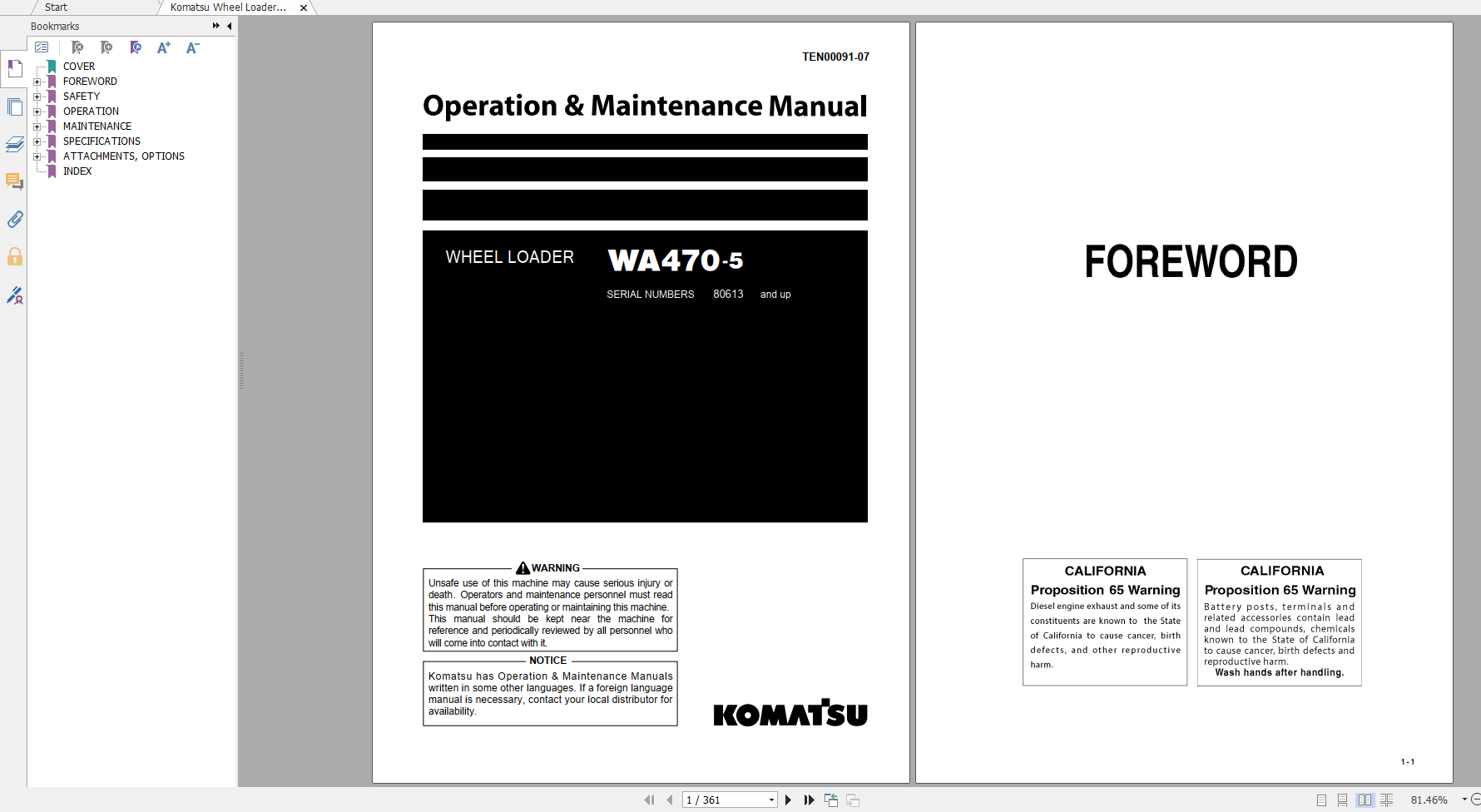 Komatsu Wheel Loader WA470 5 Operation Maintenance Manual TEN00091 07 2019