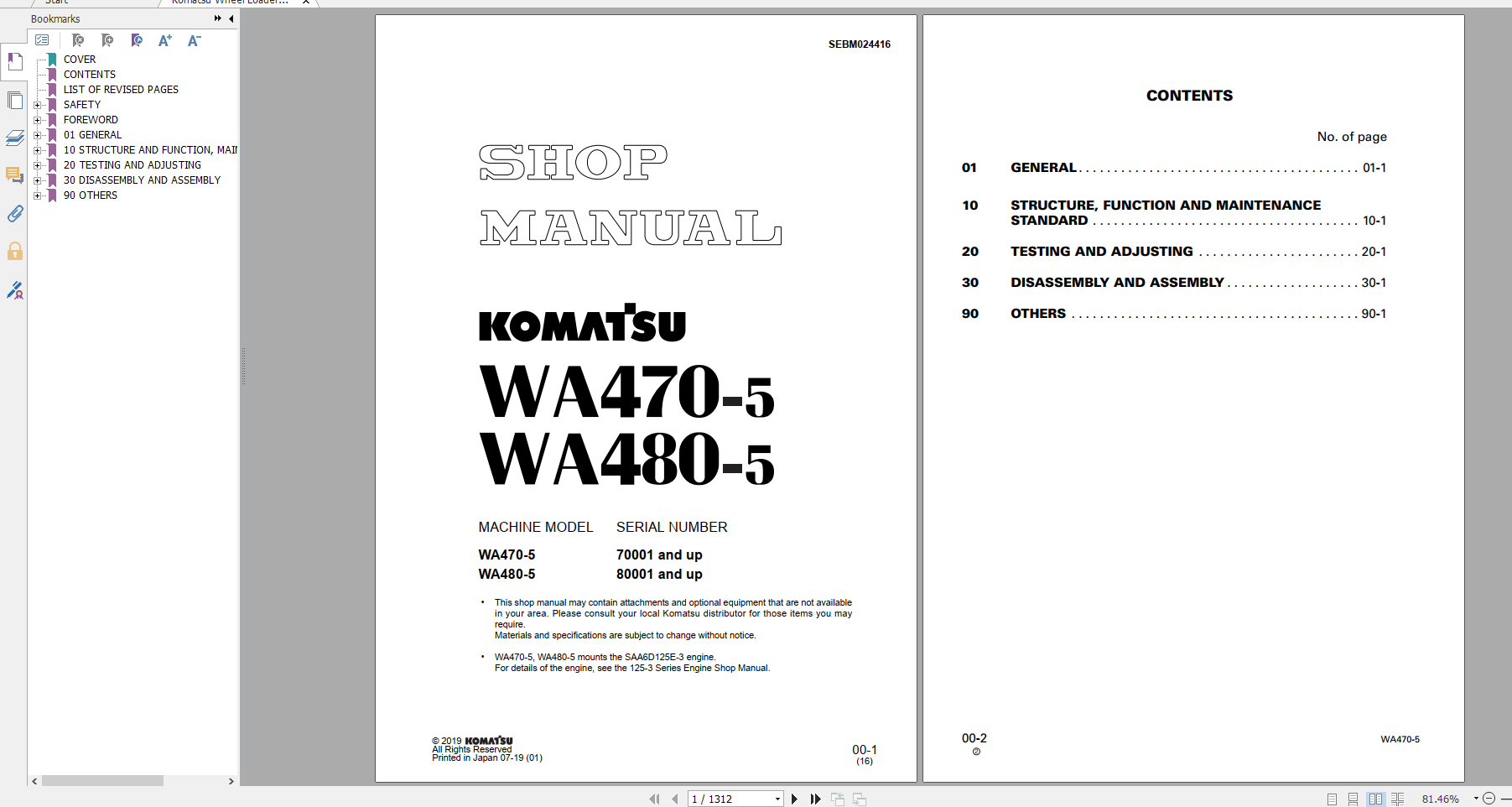 Komatsu Wheel Loader WA470 5 WA480 5 Shop Manual SEBM024416 2019