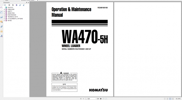 Komatsu Wheel Loader WA470 5H Operation Maintenance Manual VEAM180100
