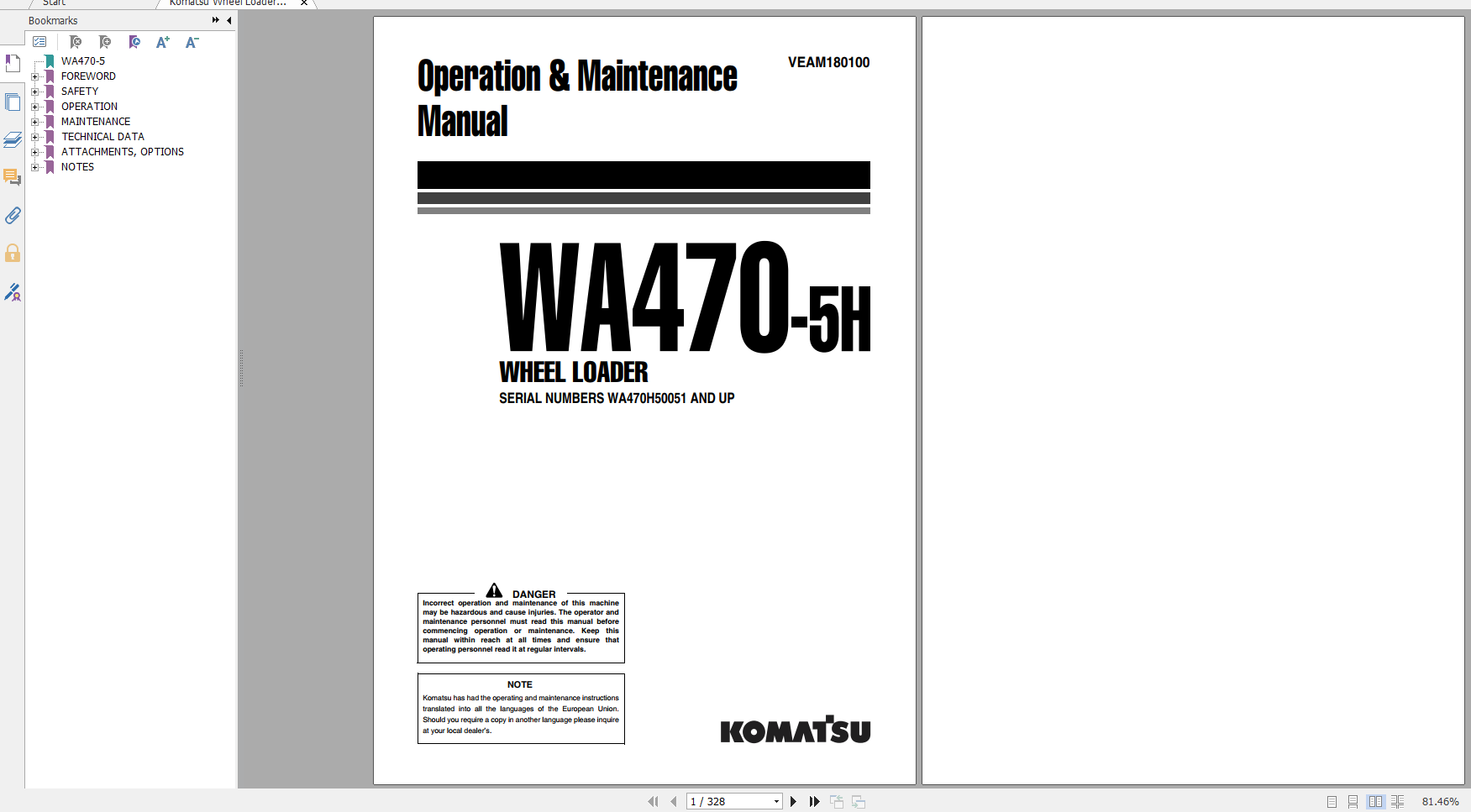 Komatsu Wheel Loader WA470 5H Operation Maintenance Manual VEAM180100