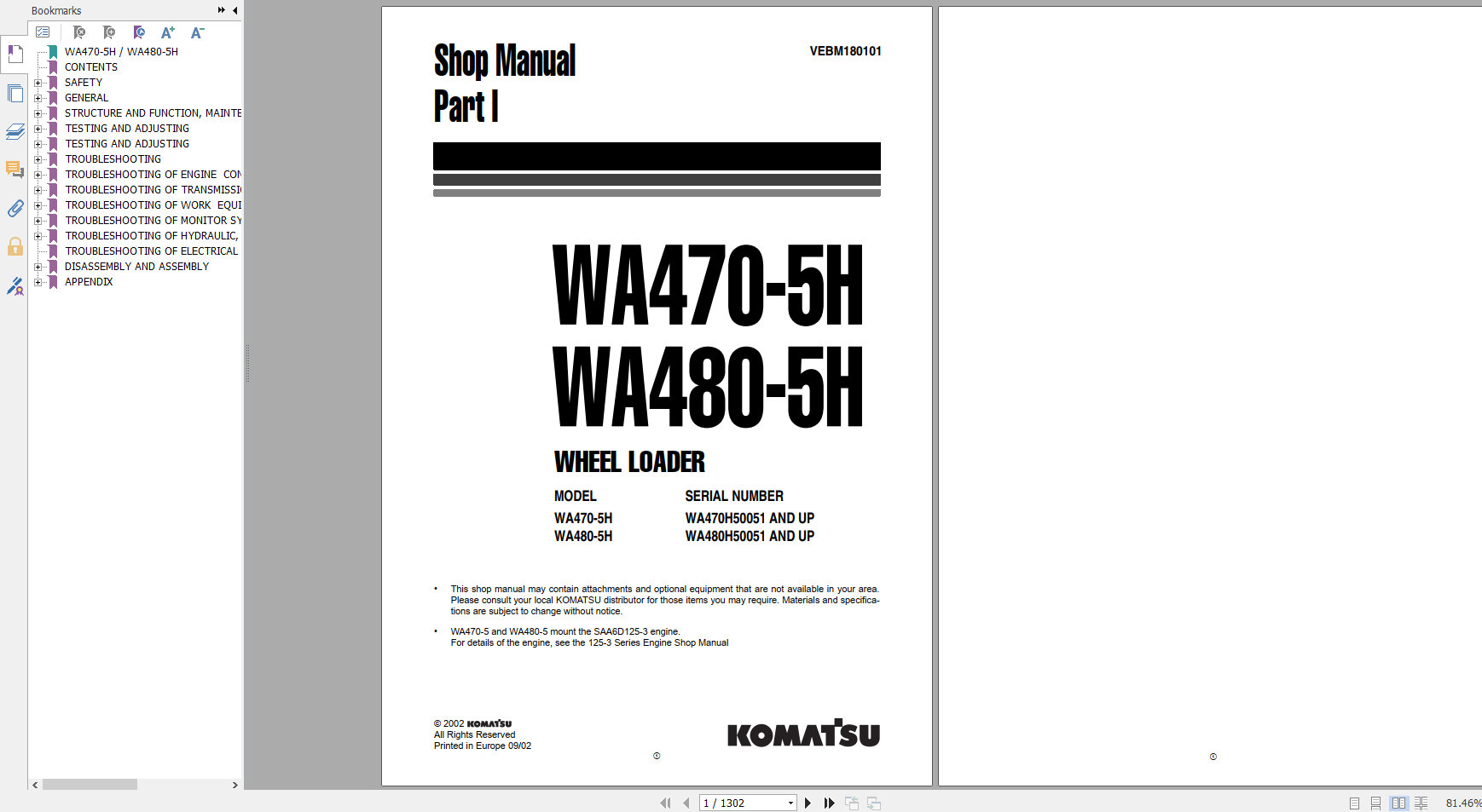 Komatsu Wheel Loader WA470 5H WA480 5H Part I Shop Manual VEBM180101 2002
