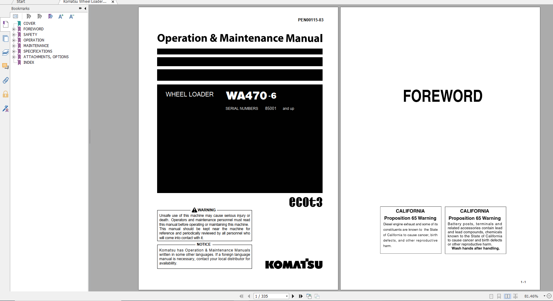 Komatsu Wheel Loader WA470 6 Operation Maintenance Manual PEN00115 03 2007