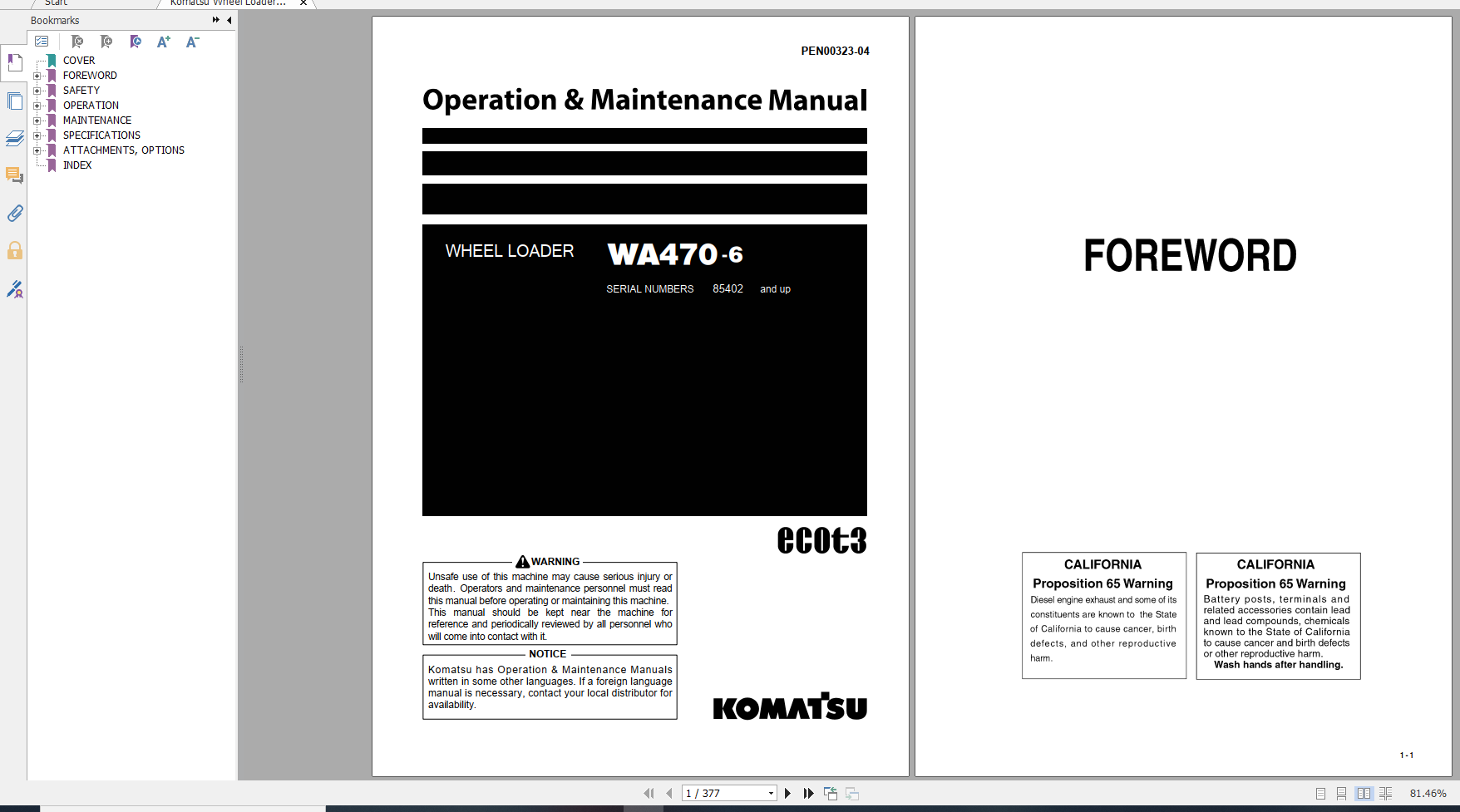 Komatsu Wheel Loader WA470 6 Operation Maintenance Manual PEN00323 04 2009