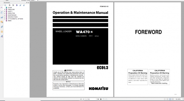 Komatsu Wheel Loader WA470 6 Operation Maintenance Manual PEN01021 03 2019