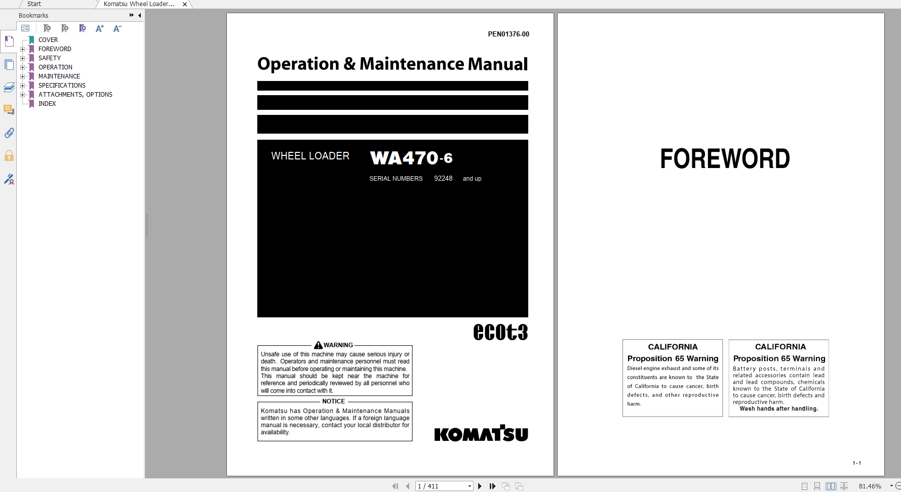 Komatsu Wheel Loader WA470 6 Operation Maintenance Manual PEN01376 00 2019