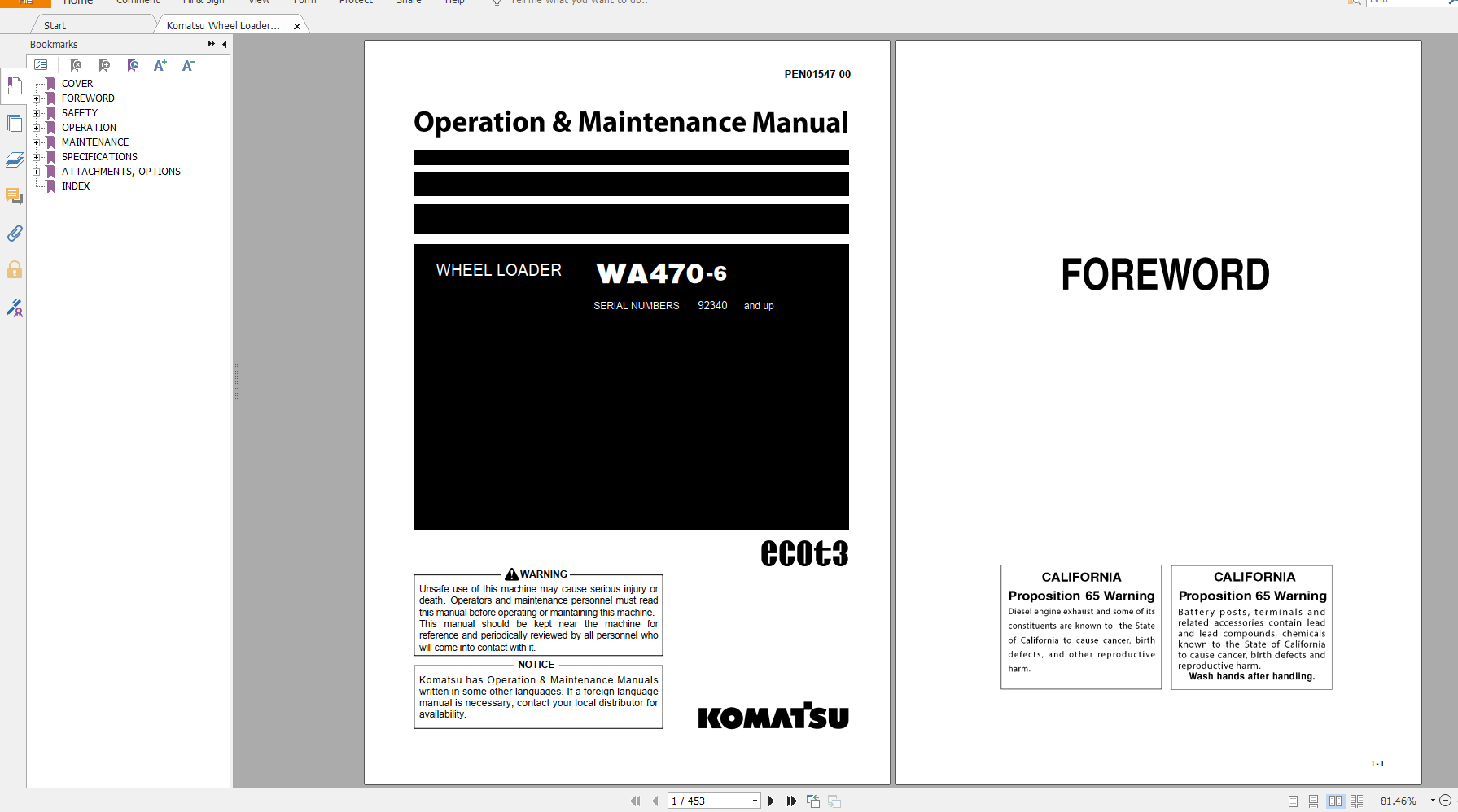 Komatsu Wheel Loader WA470 6 Operation Maintenance Manual PEN01547 00 2020