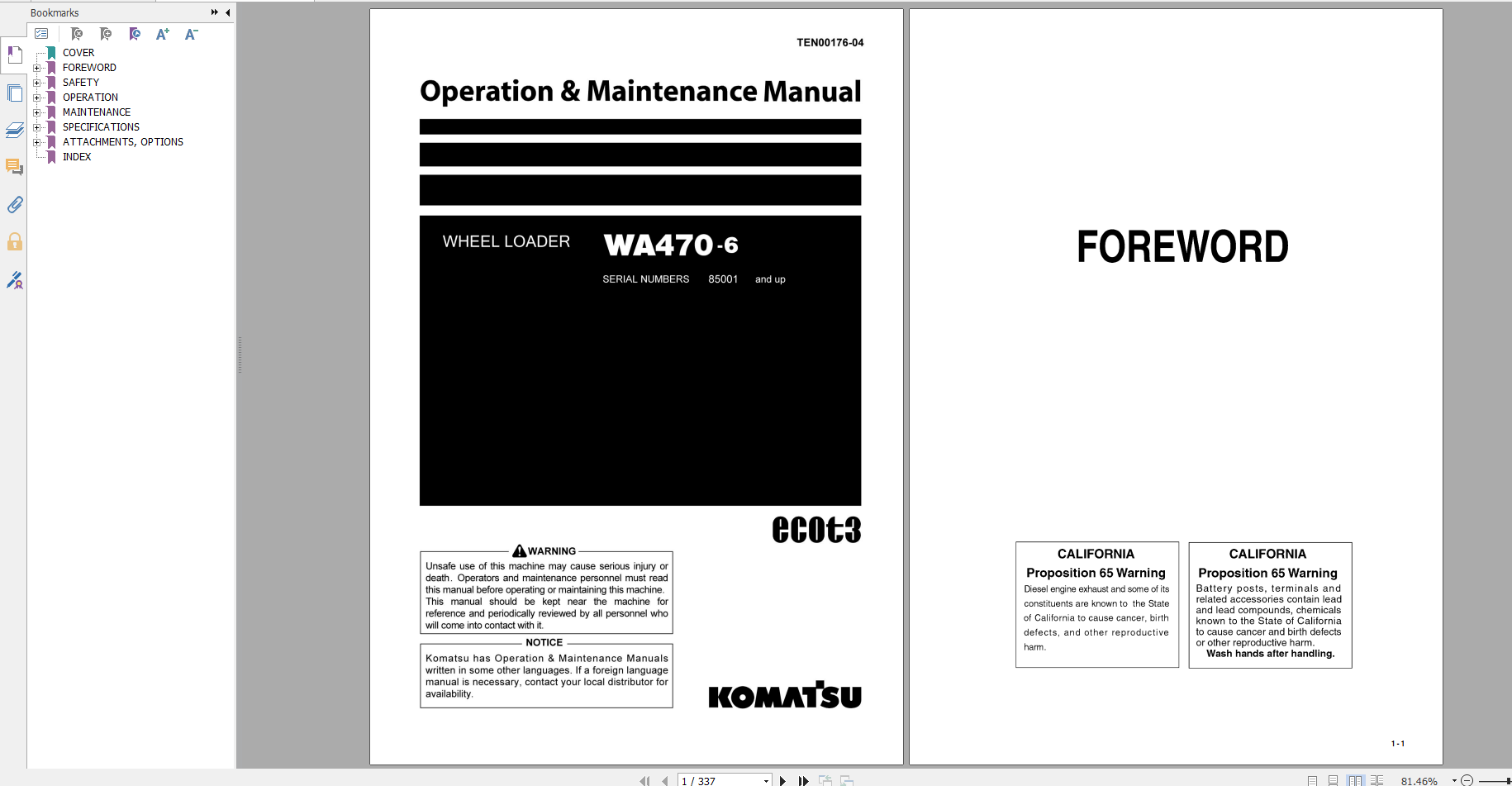 Komatsu Wheel Loader WA470 6 Operation Maintenance Manual TEN00176 04 2008