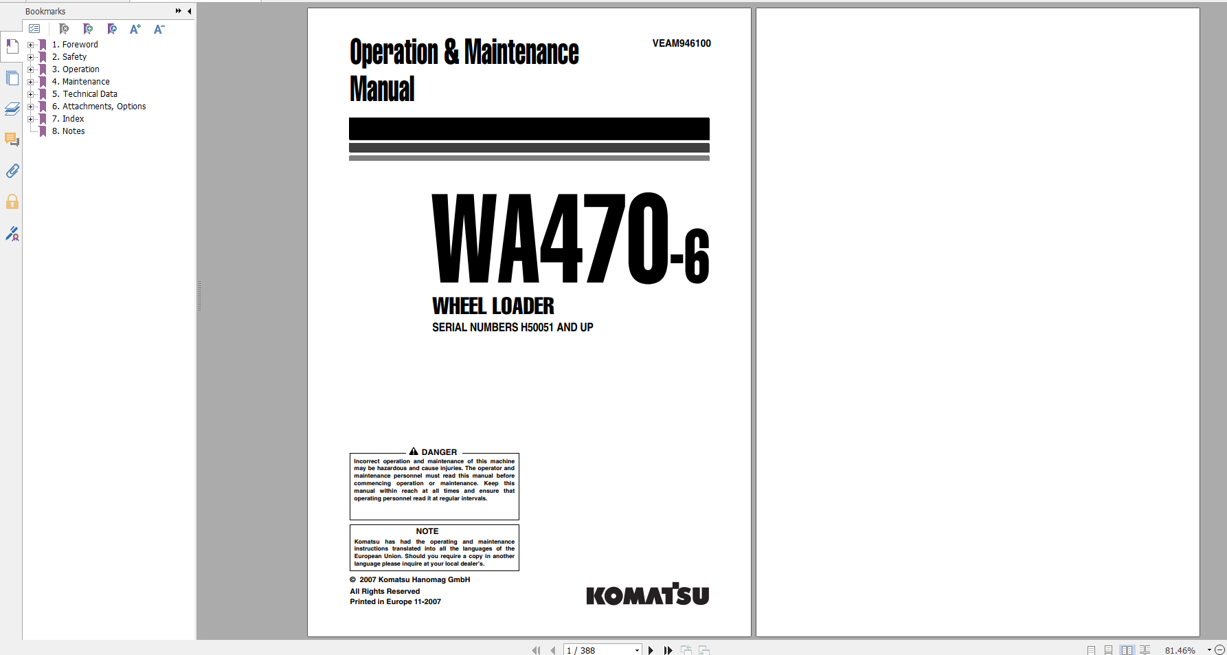 Komatsu Wheel Loader WA470 6 Operation Maintenance Manual VEAM946100 2007