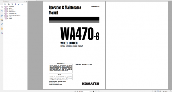 Komatsu Wheel Loader WA470 6 Operation Maintenance Manual VEAM946102 2009