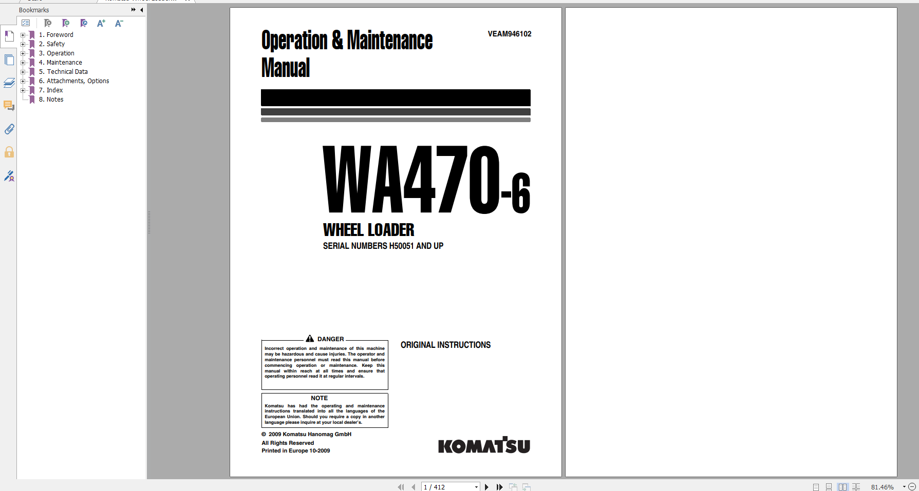 Komatsu Wheel Loader WA470 6 Operation Maintenance Manual VEAM946102 2009