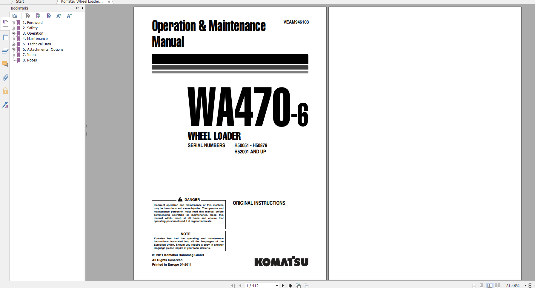 Komatsu Wheel Loader WA470 6 Operation Maintenance Manual VEAM946103 2011