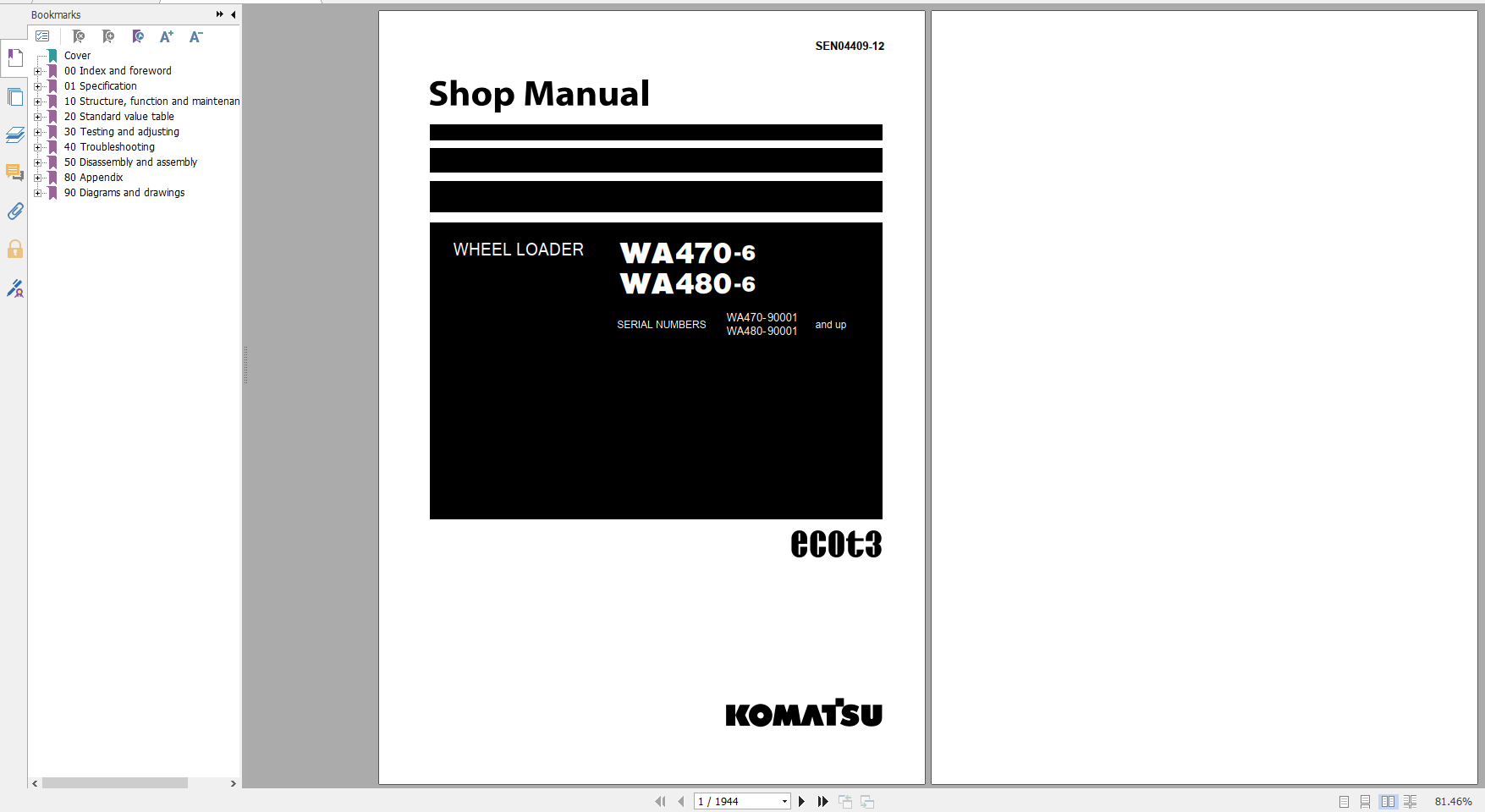 Komatsu Wheel Loader WA470 6 WA480 6 Shop Manual SEN04409 10 2020
