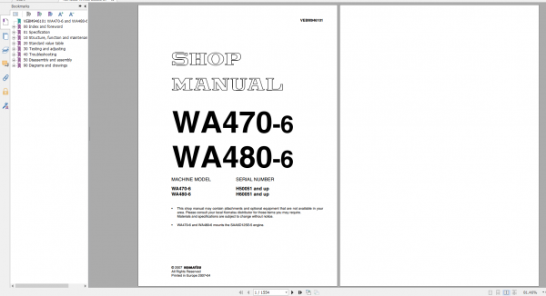 Komatsu Wheel Loader WA470 6 WA480 6 Shop Manual VEBM946101 2007