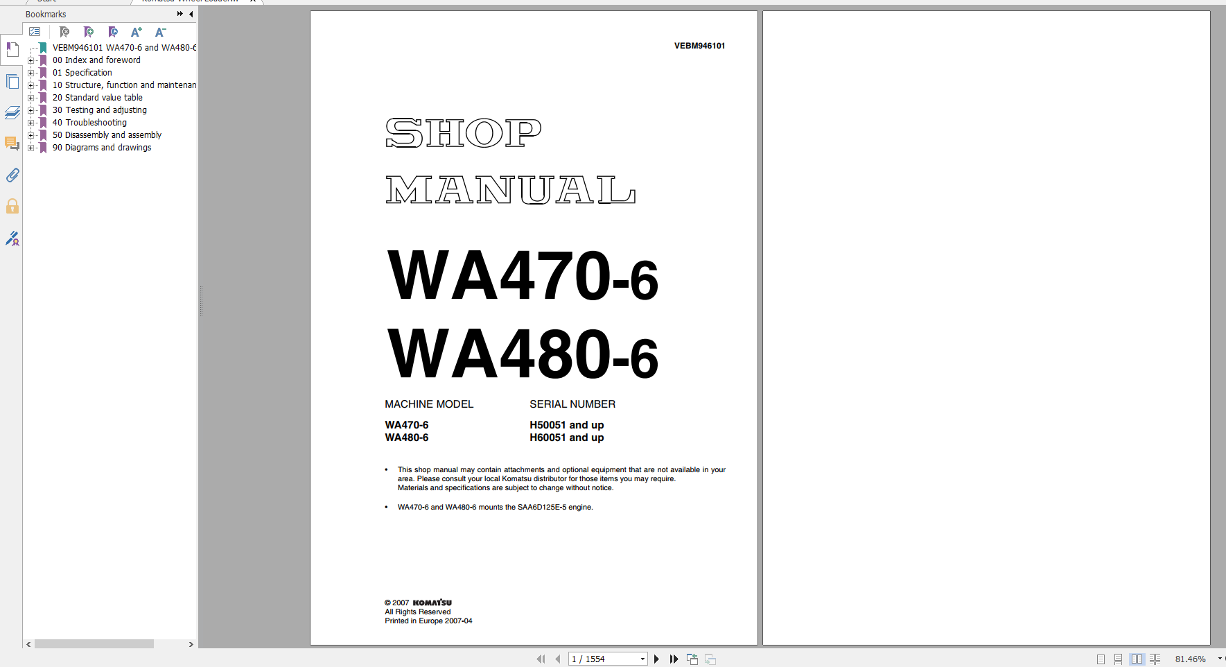 Komatsu Wheel Loader WA470 6 WA480 6 Shop Manual VEBM946101 2007