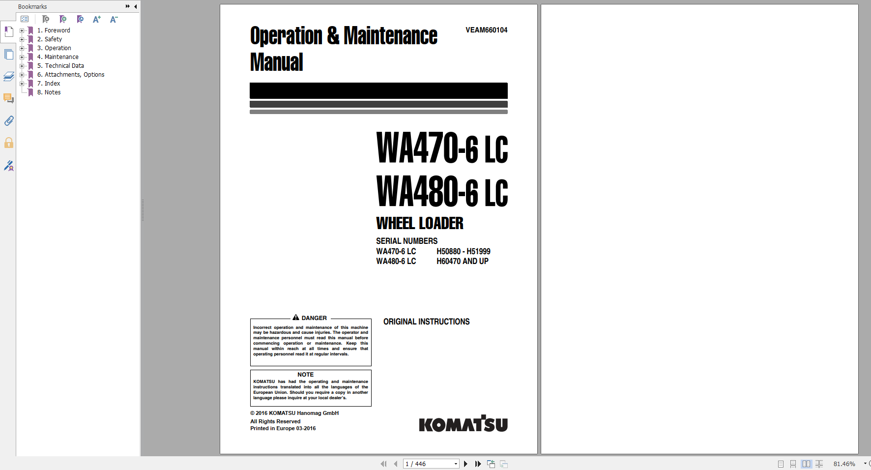 Komatsu Wheel Loader WA470 6LC WA480 6LC Operation Maintenance Manual VEAM660104 2016