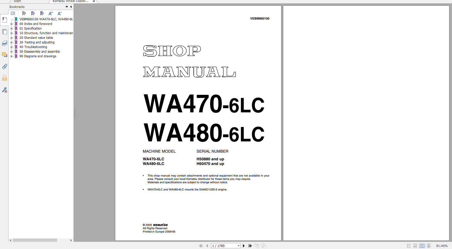 Komatsu Wheel Loader WA470 6LC WA480 6LC Shop Manual VEBM660100 2009