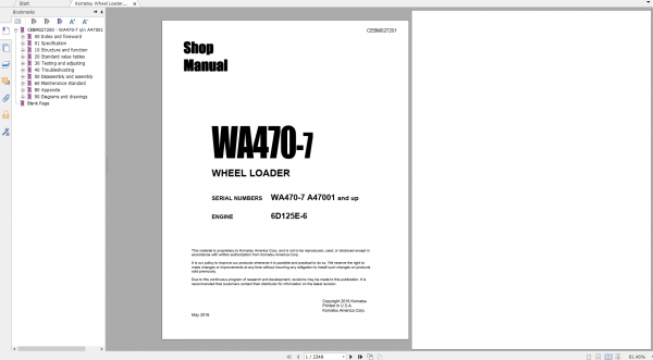 Komatsu Wheel Loader WA470 7 Engine 6D125E 6 Shop Manual CEBM027201 2016