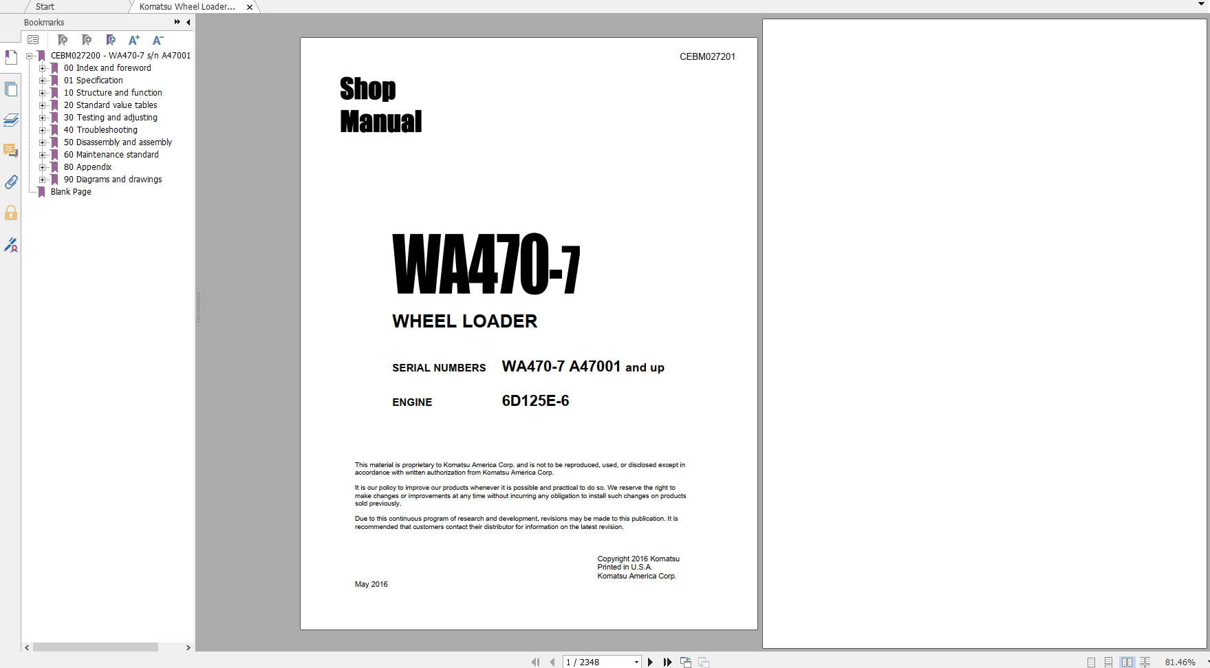 Komatsu Wheel Loader WA470 7 Engine 6D125E 6 Shop Manual CEBM027201 2016