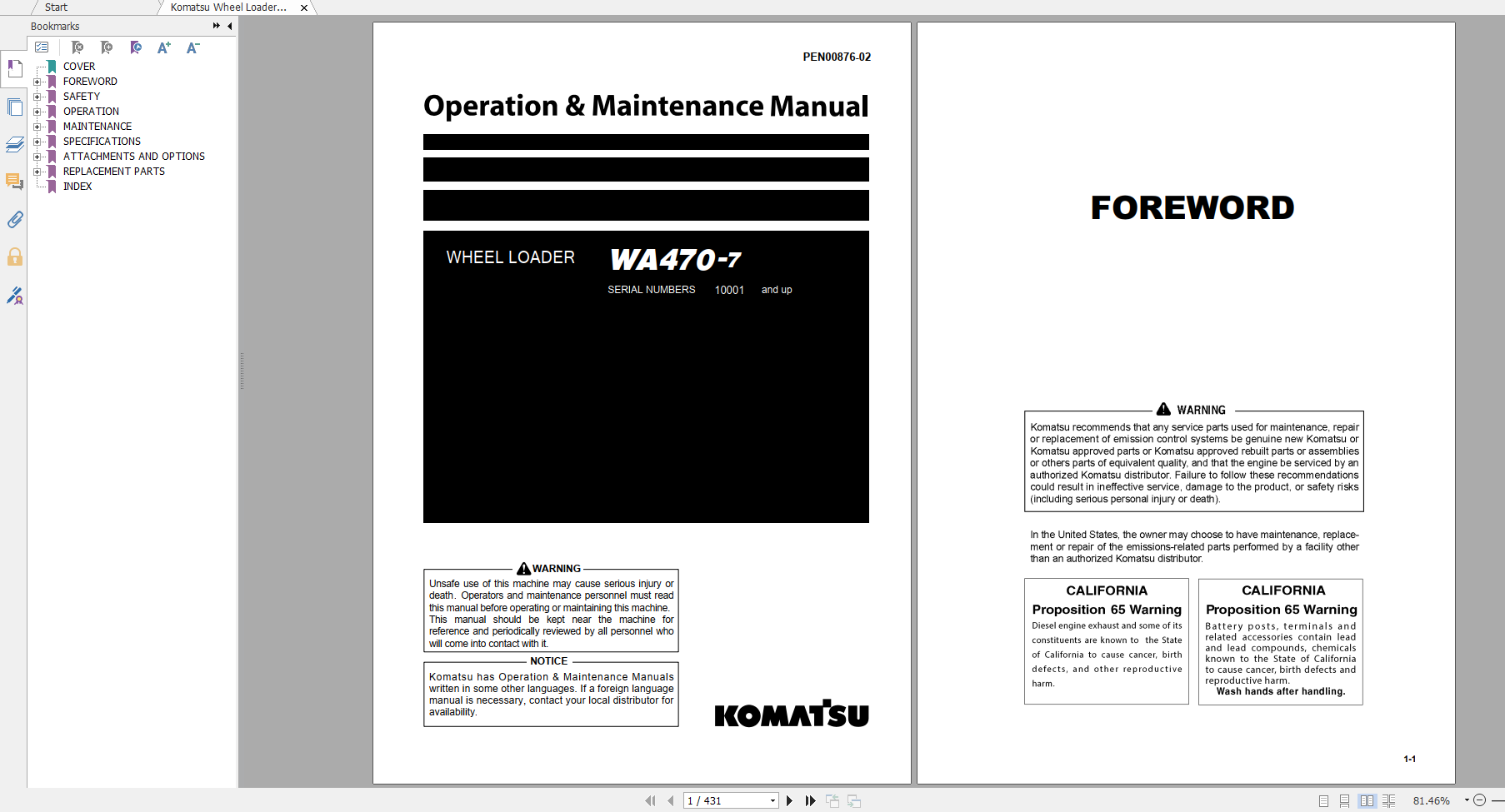 Komatsu Wheel Loader WA470 7 Operation Maintenance Manual PEN00876 02 2019