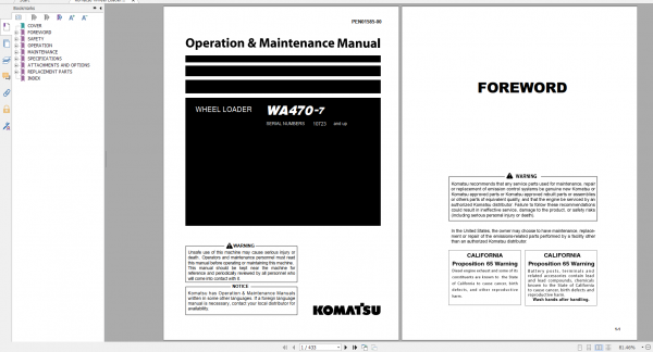 Komatsu Wheel Loader WA470 7 Operation Maintenance Manual PEN01585 00 2020