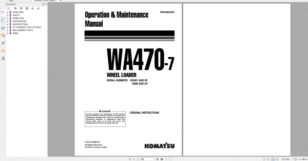 Komatsu Wheel Loader WA470 7 Operation Maintenance Manual VENAM42503 2016