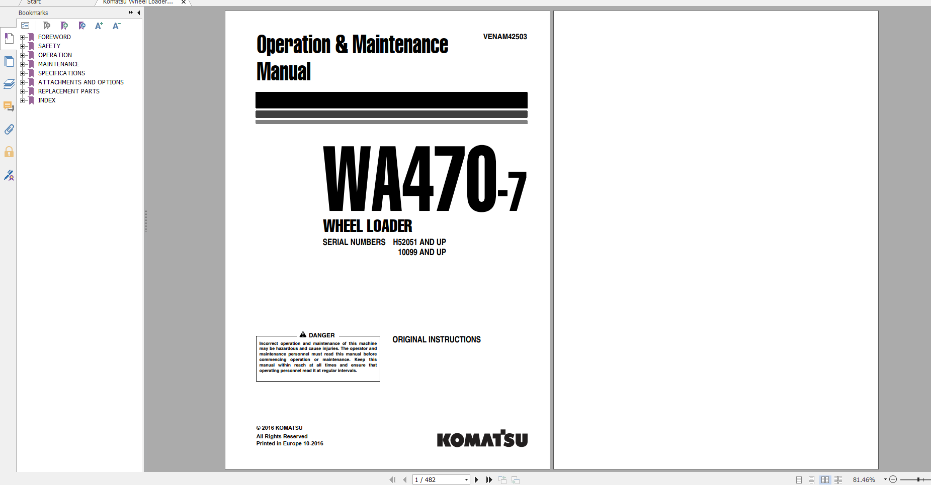 Komatsu Wheel Loader WA470 7 Operation Maintenance Manual VENAM42503 2016