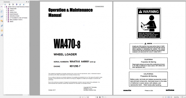 Komatsu Wheel Loader WA470 8 Engine 6D125E 7 Operation Maintenance Manual CEAM029502 2017