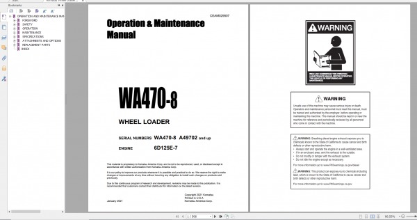 Komatsu Wheel Loader WA470 8 Engine 6D125E 7 Operation Maintenance Manual CEAM029507 2021