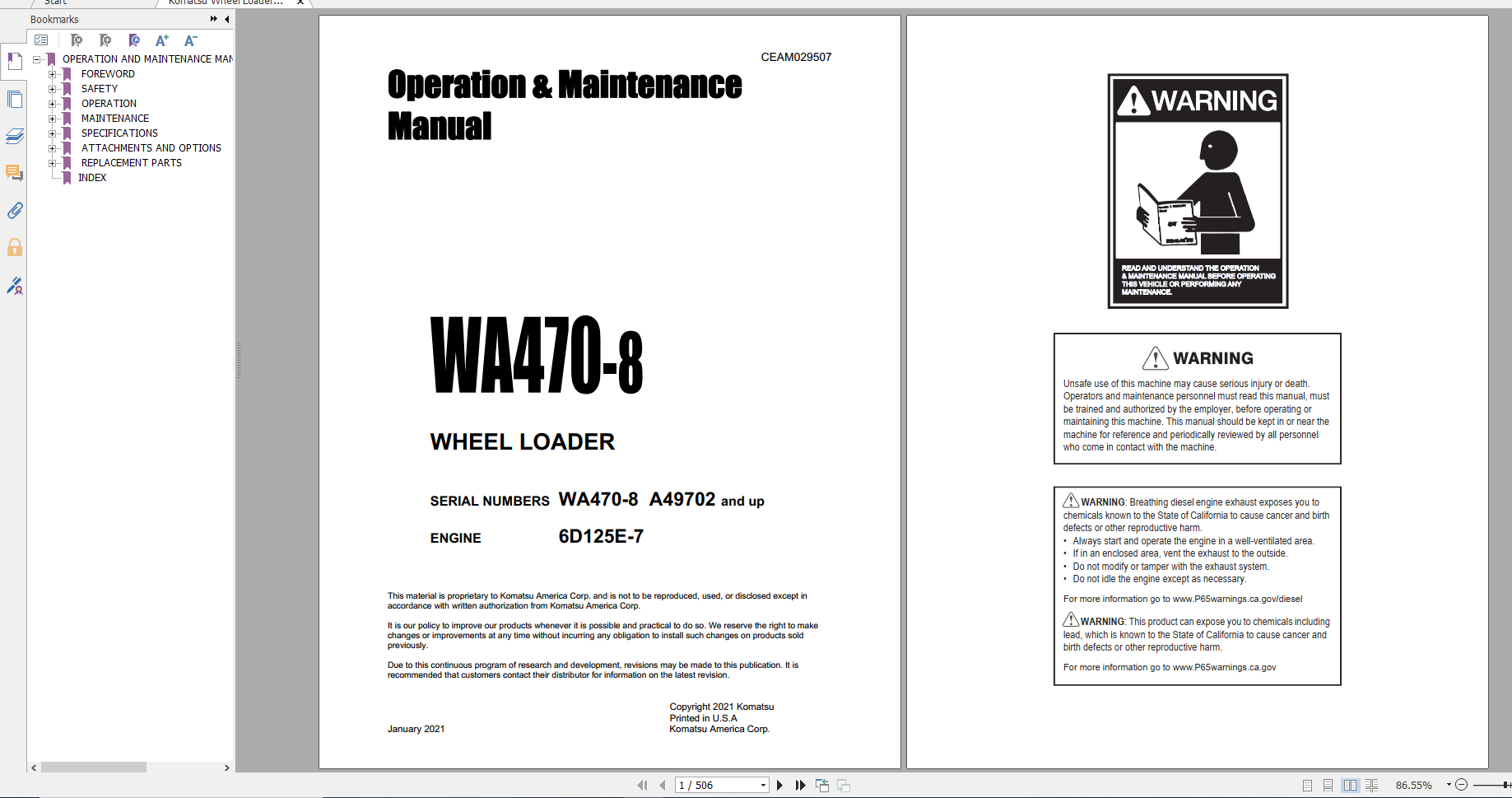 Komatsu Wheel Loader WA470 8 Engine 6D125E 7 Operation Maintenance Manual CEAM029507 2021