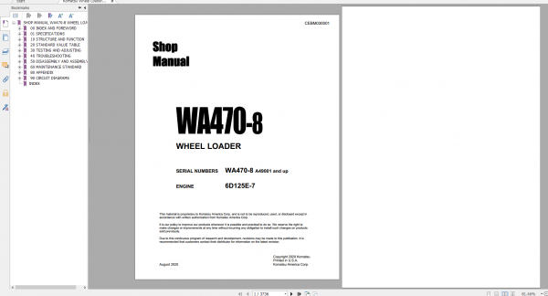 Komatsu Wheel Loader WA470 8 Engine 6D125E 7 Shop Manual CEBM030001 2020