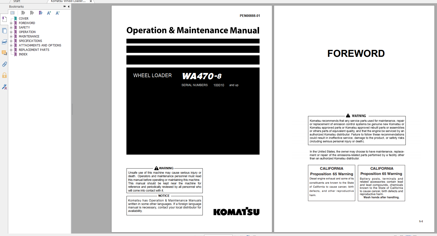 Komatsu Wheel Loader WA470 8 Operation Maintenance Manual PEN00888 01 2016