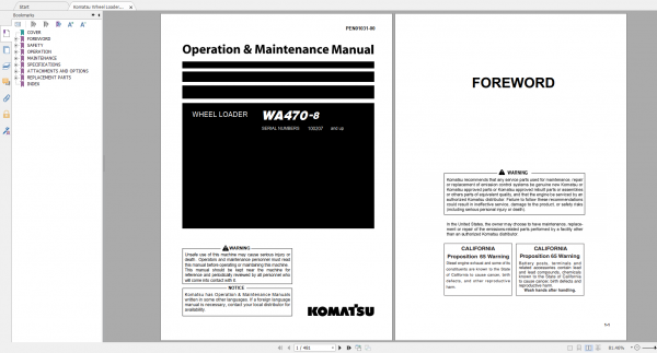 Komatsu Wheel Loader WA470 8 Operation Maintenance Manual PEN01031 00 2018