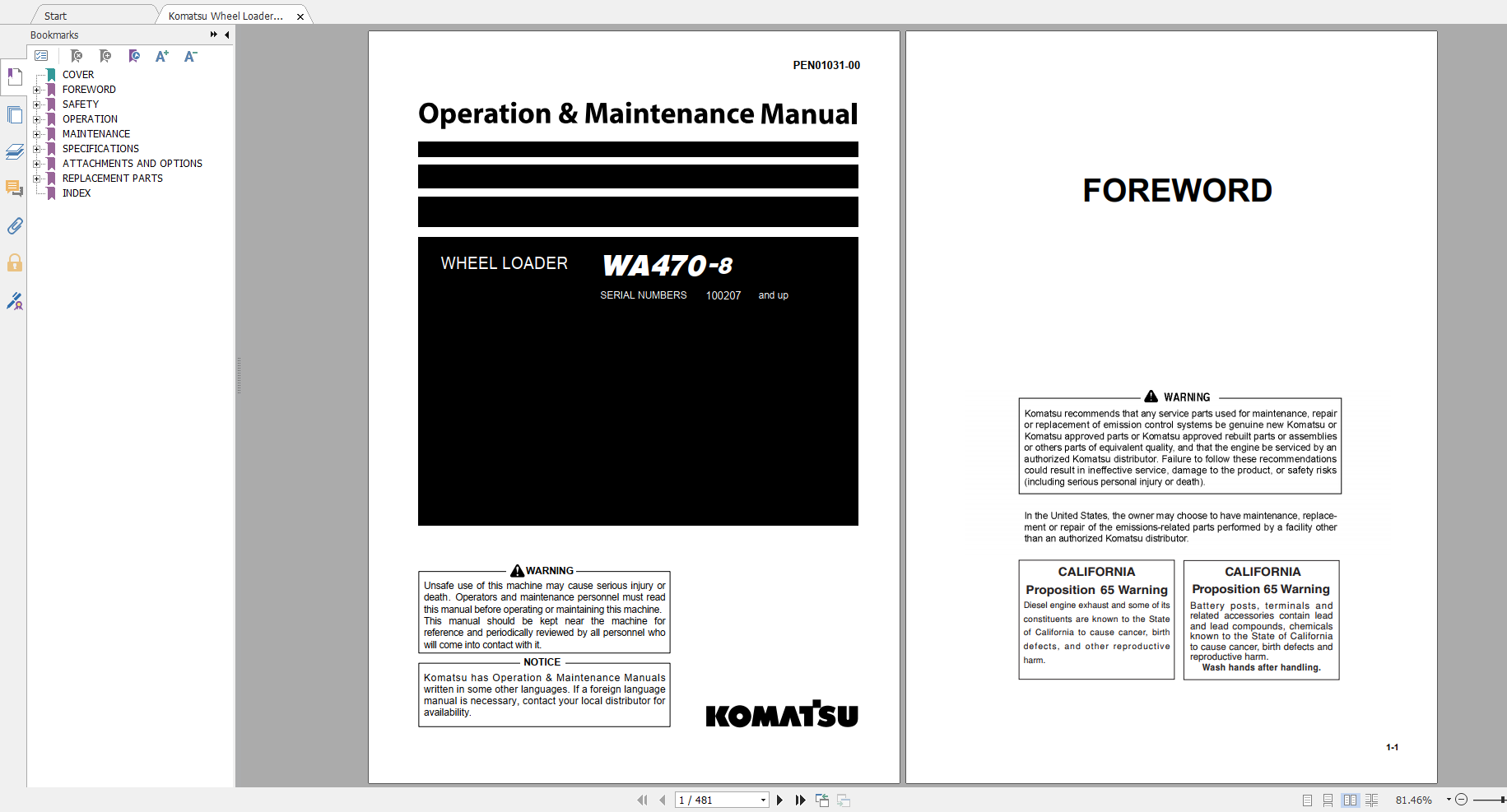 Komatsu Wheel Loader WA470 8 Operation Maintenance Manual PEN01031 00 2018