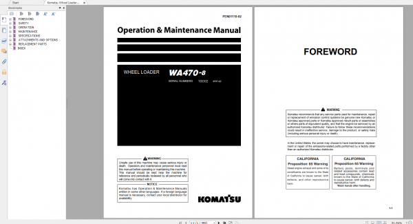 Komatsu Wheel Loader WA470 8 Operation Maintenance Manual PEN01110 02 2018
