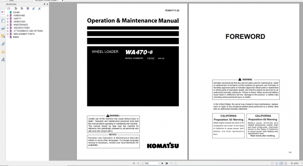 Komatsu Wheel Loader WA470 8 Operation Maintenance Manual PEN01111 02 2018