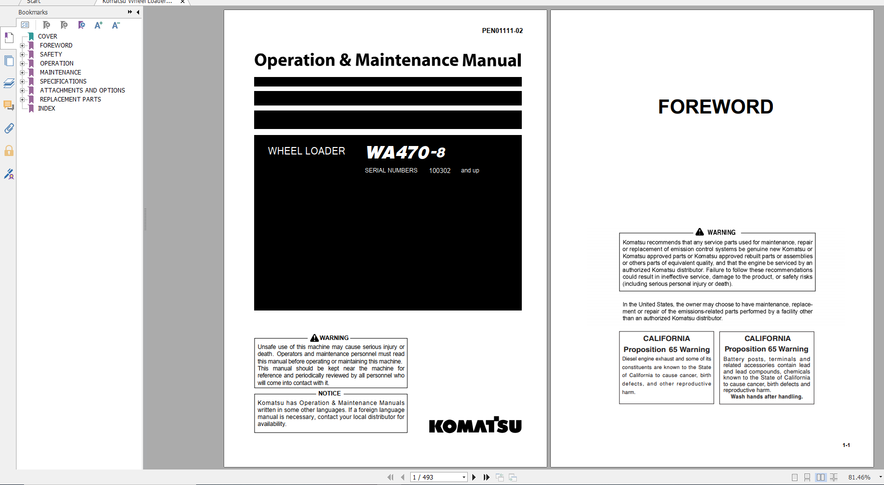 Komatsu Wheel Loader WA470 8 Operation Maintenance Manual PEN01111 02 2018