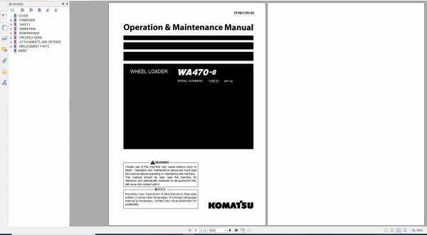 Komatsu Wheel Loader WA470 8 Operation Maintenance Manual PEN01399 00 2020