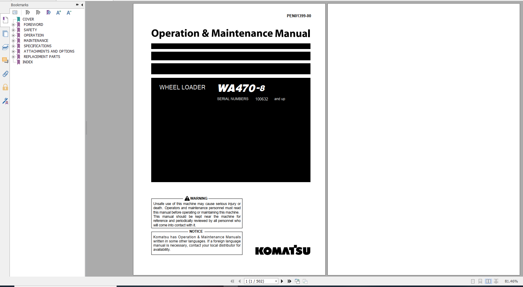 Komatsu Wheel Loader WA470 8 Operation Maintenance Manual PEN01399 00 2020