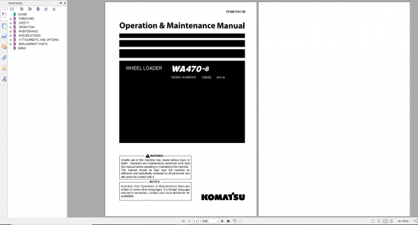 Komatsu Wheel Loader WA470 8 Operation Maintenance Manual PEN01541 00 2020