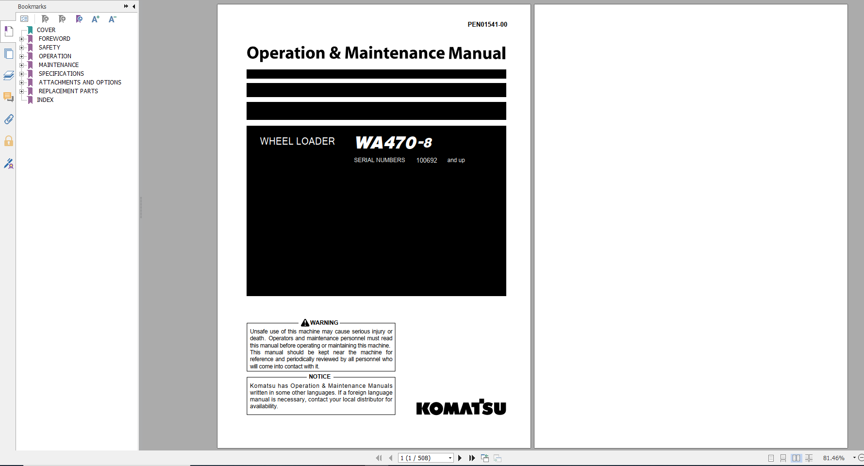 Komatsu Wheel Loader WA470 8 Operation Maintenance Manual PEN01541 00 2020