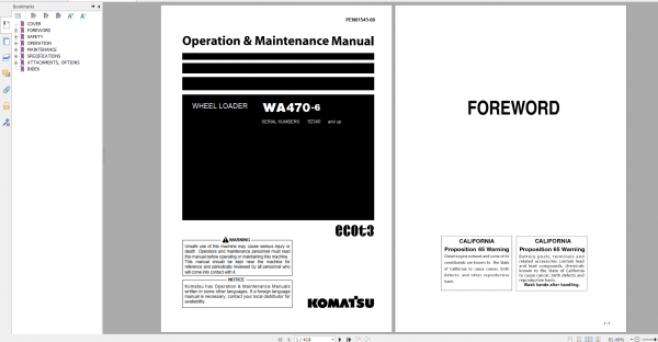 Komatsu Wheel Loader WA470 8 Operation Maintenance Manual PEN01545 00 2020