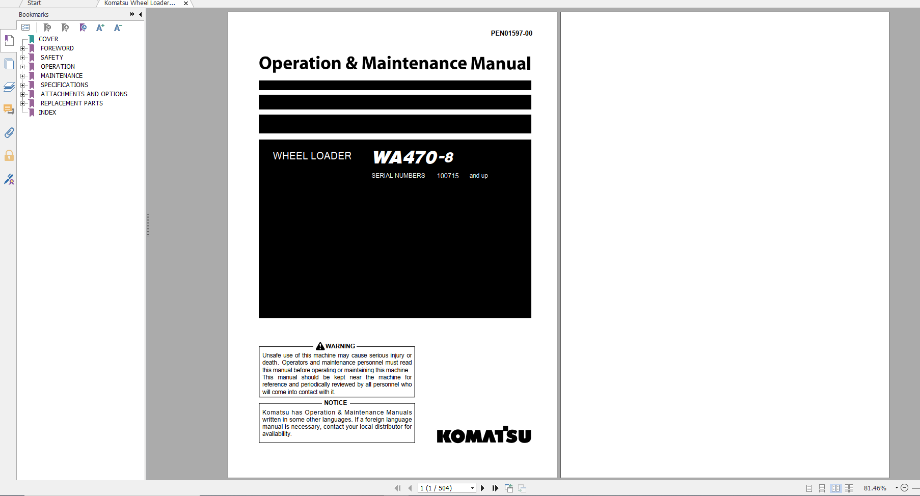 Komatsu Wheel Loader WA470 8 Operation Maintenance Manual PEN01597 00 2021