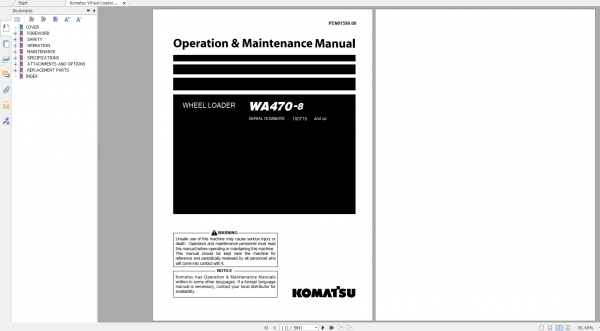 Komatsu Wheel Loader WA470 8 Operation Maintenance Manual PEN01598 00 2021