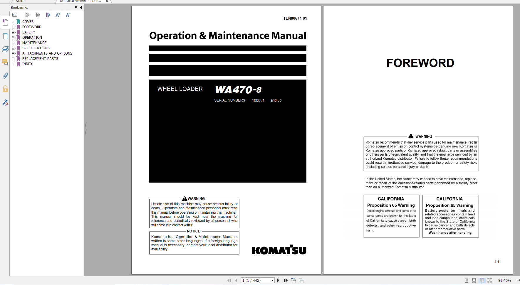 Komatsu Wheel Loader WA470 8 Operation Maintenance Manual TEN00674 01 2014