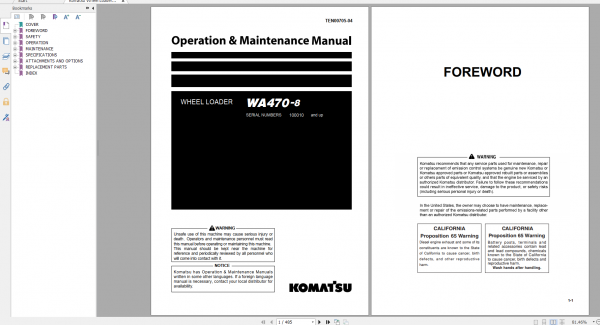 Komatsu Wheel Loader WA470 8 Operation Maintenance Manual TEN00705 04 2016